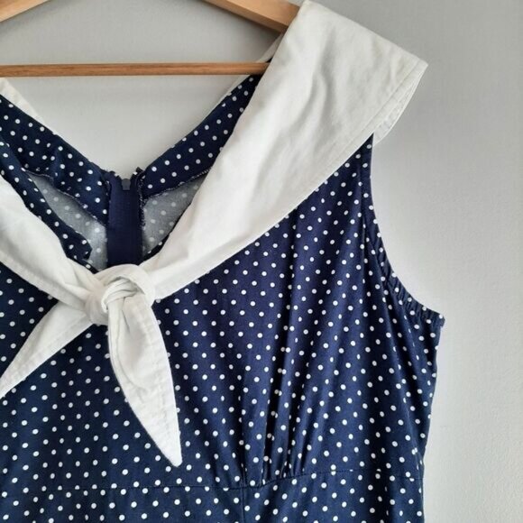 Navy Polka Dot Midi Dress with White Collar - Picture 4 of 16